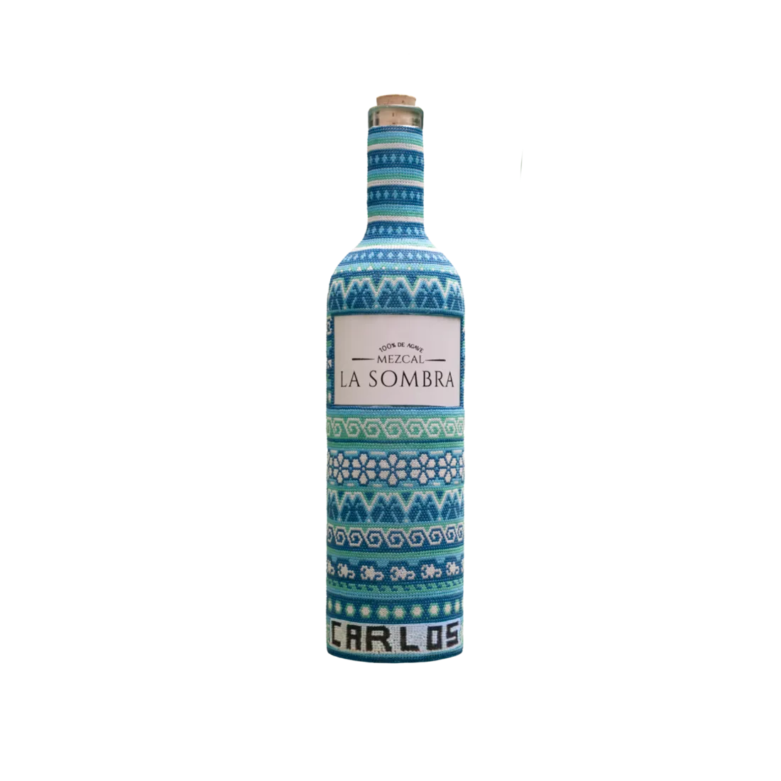 botella de mezcal la sombra 750 ml, forrado huichol