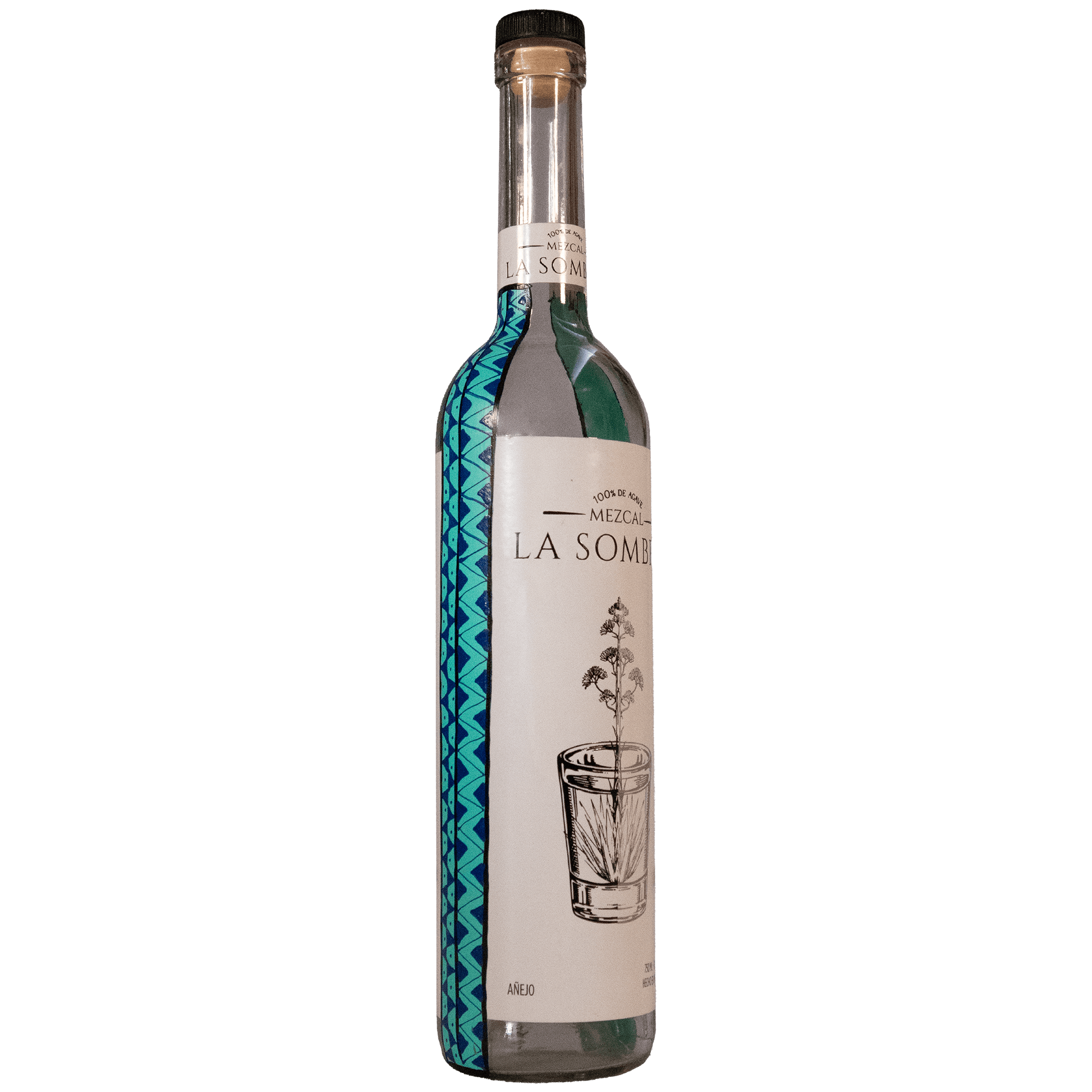 botella de mezcal la sombra 750ml, pintada a mano lateral