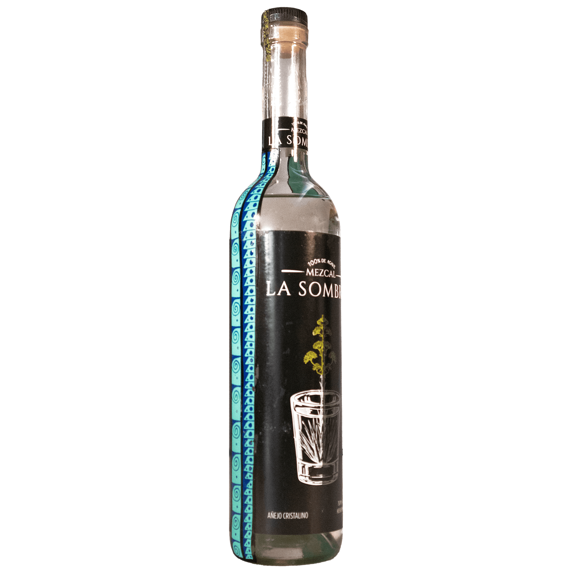 botella de mezcal cristalino la sombra 750ml, pintada a mano lateral